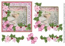 Pink Poinsettia Snowscene 2 Decoupage Step by Step Sheet