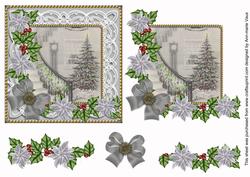 Grey Christmas Tree Poinsettia Decoupage Step by Step Sheet