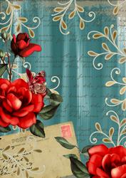 Dusky Teal Colour Red Rose Painted Postcard A4 Backing Paper