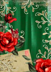 Dark Green Colour Red Rose Painted Postcard A4 Backing Paper