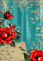 Teal Colour Red Rose Painted Postcard A4 Backing Paper