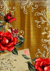 Gold Colour Red Rose Painted Postcard A4 Backing Paper