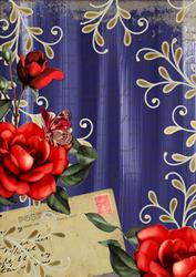 Dark Blue Colour Red Rose Painted Postcard A4 Backing Paper