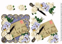 Cream Rose Blue Pansy for My Mother Postcard Step by Step