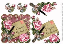 Pink Roses Happy Birthday Scallop Postcard Step by Step