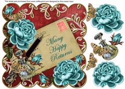 Teal Roses Red Many Happy Returns 8in Decoupage Topper