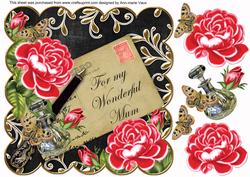 Red Roses Black Wonderful Mum Scallop 8in Decoupage Topper