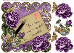 Purple Roses Lifes Complete Postcard 8in Decoupage Topper