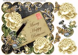Cream Roses Black Happy Returns 8in Scallop Decoupage Topper