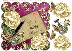 Cream Roses Cerise Happy Return 8in Scallop Decoupage Topper