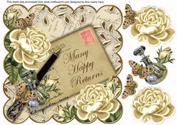 Cream Roses Happy Returns 8in Scallop Decoupage Topper