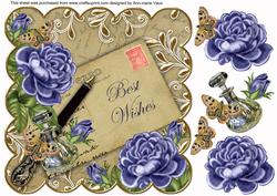 Blue Roses Natural Best Wishes Scallop 8in Decoupage Topper