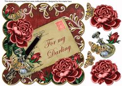 Deep Red Roses for My Darling Scallop 8in Decoupage Topper