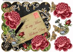 Deep Pink Rose Black Mam Mothers Day 8in Decoupage Topper