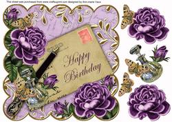 Purple Roses Happy Birthday 8in Decoupage Topper