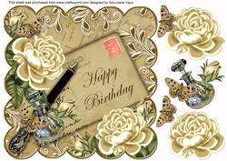 Cream Roses Happy Birthday 8in Decoupage Toppe