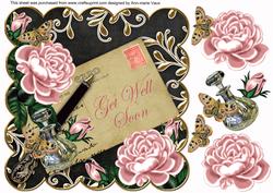 Pink Roses Black Get Well Soon 8in Decoupage Toppe