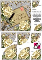 Cream Roses Silver Happy Birthday 6in Duo Corner Stacker