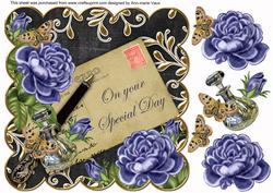 Blue Roses Black Special Day Scallop 8in Decoupage Topper