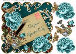 Teal Roses Petrol Special Day 8in Decoupage Topper