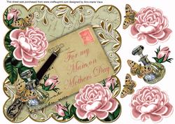 Pink Roses Olive Mum on Mothers Day 8in Decoupage Topper