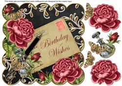 Deep Pink Roses Black Birthday Wishes 8in Decoupage Topper