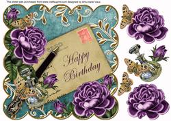 Purple Roses Dteal Happy Birthday 8in Decoupage Topper