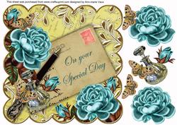 Teal Roses Lemon Special Day 8in Decoupage Topper
