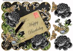 Black Roses Happy Birthday 8in Decoupage Topper