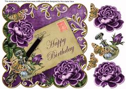 Purple Roses Happy Birthday 8in Decoupage Topper