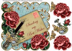 Dpink Roses Teal Sending Wishes 8in Decoupage Topper