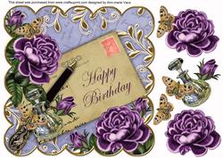 Purple Roses Blue Happy Birthday 8in Decoupage Topper
