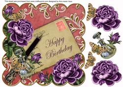Purple Roses Red Happy Birthday 8in Decoupage Topper