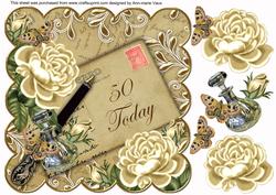 Cream Roses 50 Today 8in Scallop Decoupage Topper