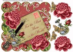 Dpink Roses Red Best Mum in the World 8in Decoupage Topper