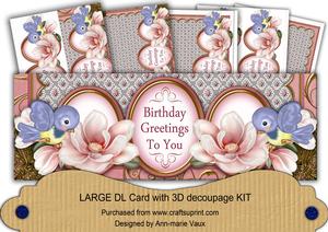 Pink Magnolia Birthday Greetings Large Dl Decoupage Card Kit