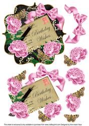 Pink Rose Black Birthday Wishes 6in Bracket Topper