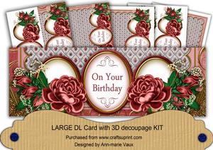 Dark Red Rose on Your Birthday Large Dl Decoupage Card Kit