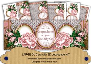 Pink Rose New Baby Girl Large Dl Decoupage Card Kit
