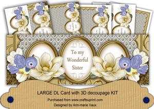 Cream Magnolia Bird to My Sister Large Dl Decoupage Card Kit