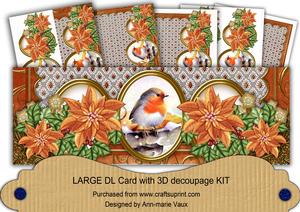 Burnt Orange Poinsettia Robin1 Large Dl Decoupage Card Kit