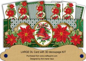 Red Poinsettia g Christmas Bells Large Dl Decoupage Card Kit