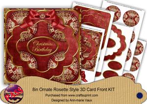 Red Gold Damask Christmas Birthday 3D Rosette 8in Card Kit
