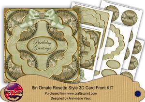 Olive Gold Damask Birthday Greetings 3D Rosette 8in Kit