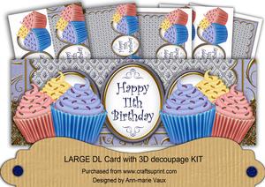 Blue Cupcakes 11th Birthday Large Dl Decoupage Card Kit