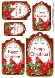 Red Poinsettia Happy Christmas Sentiment Tag Sheet