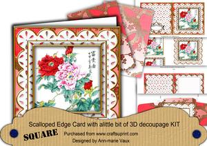 Oriental Peonies Anglaise Scallop Square 3D Card Kit
