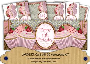 Pink Strawberry Cupcake 11th Birthday Large Dl Card Kit