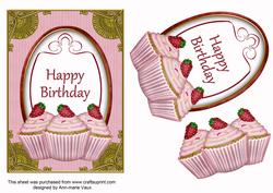 Pink Strawberry Cupcake Happy Birthday 7x5in Step by Step