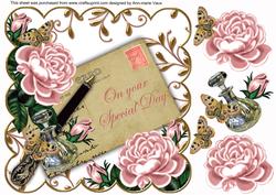 Pink Roses Special Day 8in Scallop Decoupage Topper